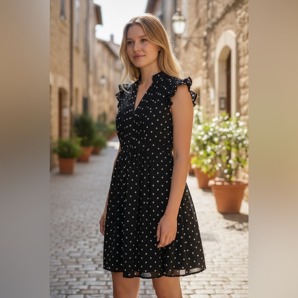 Sandra Darren Button-Down Lightweight Polka Dot Dress Black/White Women's Size 8